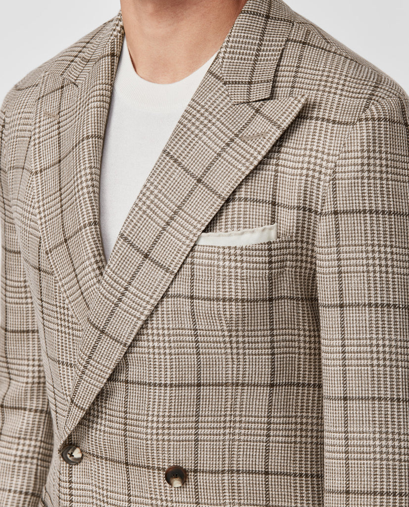 Loro Piana SUMMERTIME Taupe Wool, Silk & Linen with Brown Check