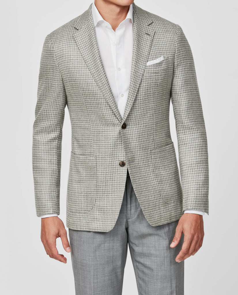 Loro Piana SUMMERTIME Light Grey & Taupe Wool, Silk & Linen Houndstooth