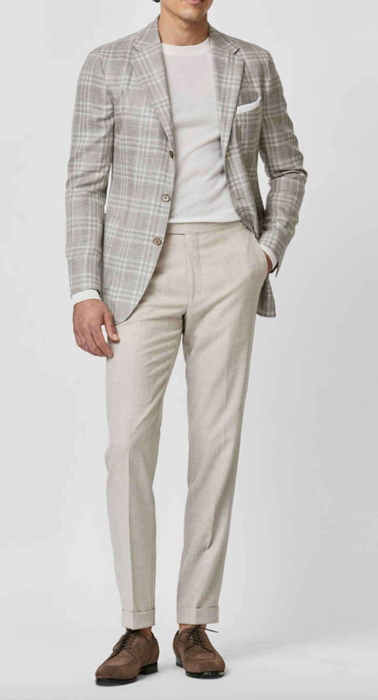 Loro Piana SUMMERTIME Light Beige Merino Wool, Silk & Linen with Off White Check