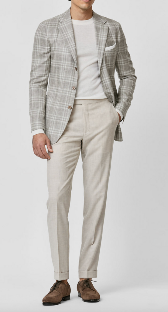 Loro Piana SUMMERTIME Light Beige Merino Wool, Silk & Linen with Off White Check