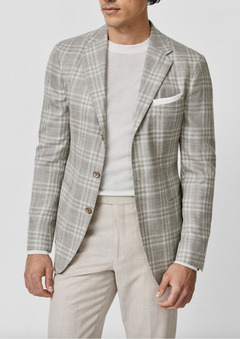 Loro Piana SUMMERTIME Light Beige Merino Wool, Silk & Linen with Off White Check