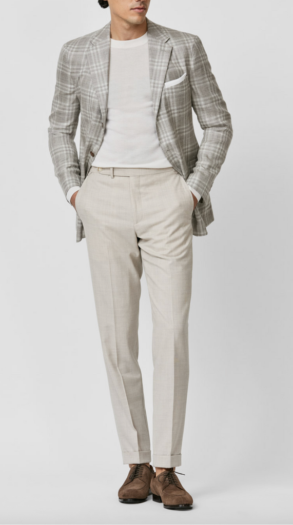 Loro Piana SUMMERTIME Light Beige Merino Wool, Silk & Linen with Off White Check