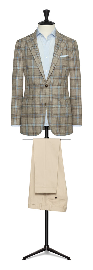 Fratelli Tallia di Delfino Taupe Wool, Silk & Linen Check With Light Blue Overcheck