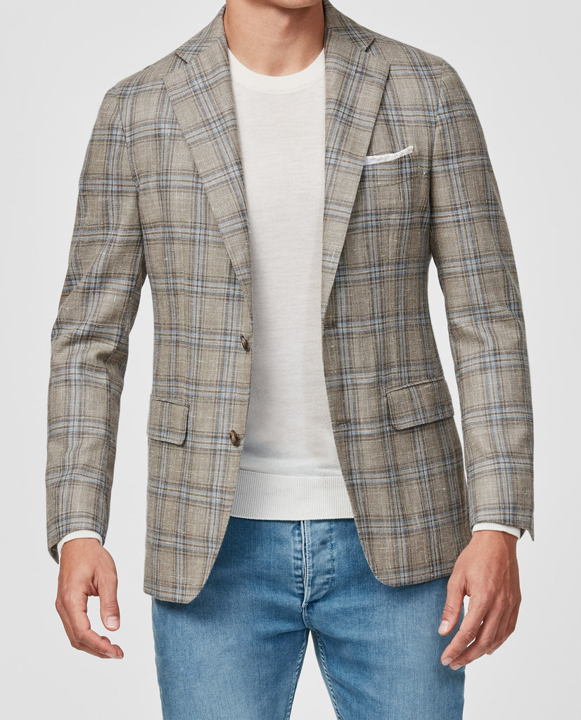 Fratelli Tallia di Delfino Taupe Wool, Silk & Linen Check With Light Blue Overcheck
