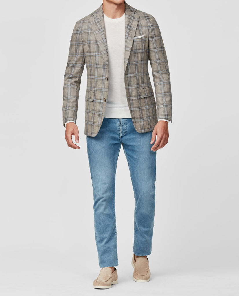 Fratelli Tallia di Delfino Taupe Wool, Silk & Linen Check With Light Blue Overcheck
