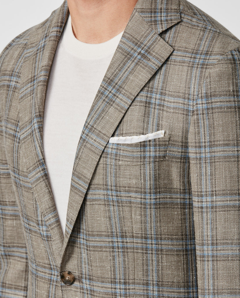 Fratelli Tallia di Delfino Taupe Wool, Silk & Linen Check With Light Blue Overcheck