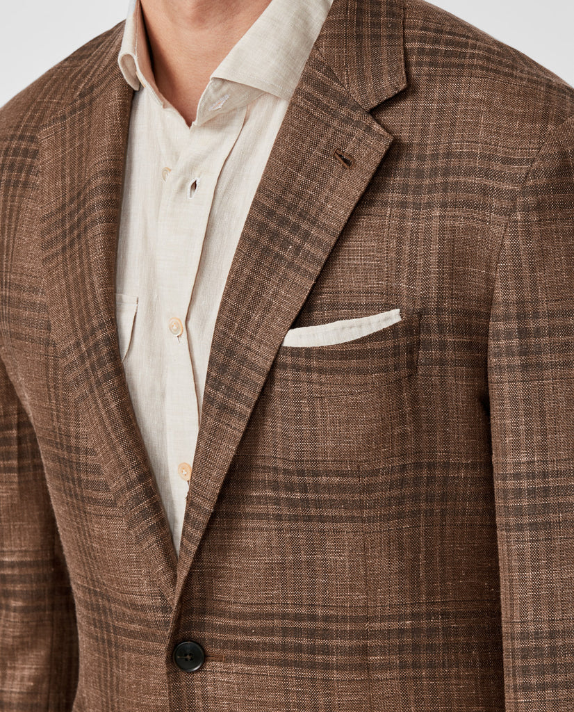 Loro Piana Rust Brown Stretch Wool, Silk & Linen with Brown Check