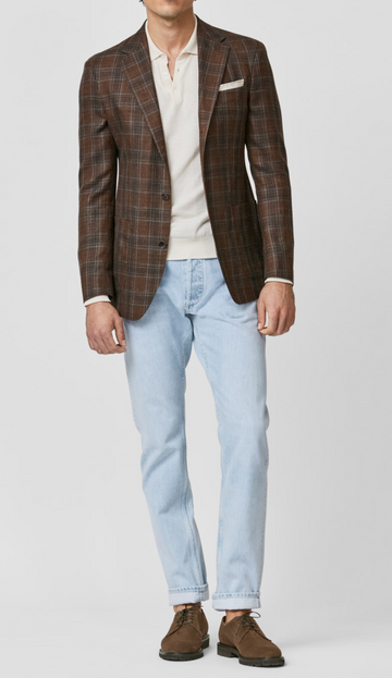 Loro Piana SUMMERTIME Terracotta Wool, Silk & Linen with Two Tone Blue Overcheck