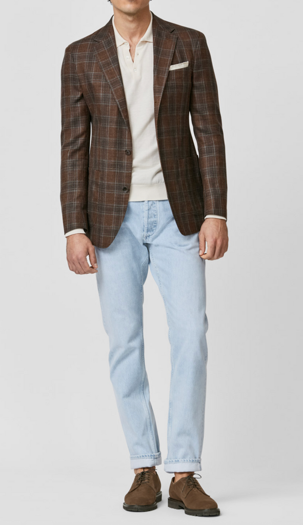 Loro Piana SUMMERTIME Terracotta Wool, Silk & Linen with Two Tone Blue Overcheck