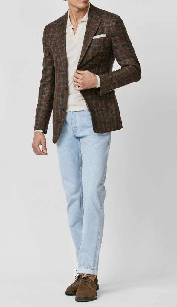 Loro Piana SUMMERTIME Terracotta Wool, Silk & Linen with Two Tone Blue Overcheck