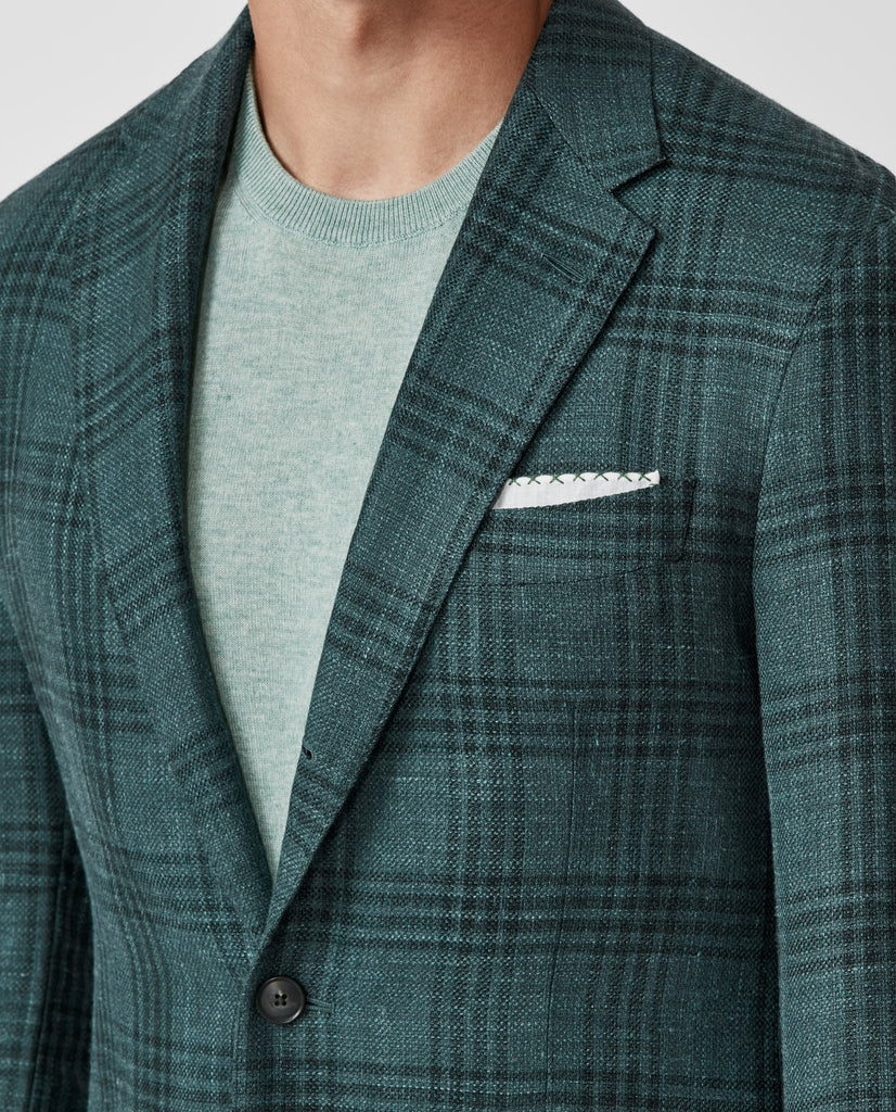Drago Bottle Green Wool, Silk & Linen with Dark Green Overcheck