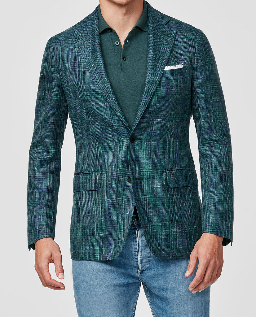 Loro Piana SUMMERTIME Teal Green Wool, Silk & Linen Check with Blue Overcheck