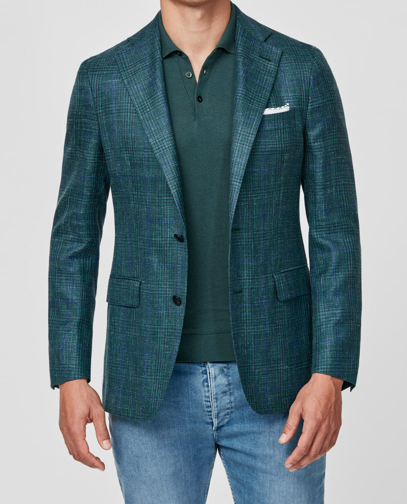 Loro Piana SUMMERTIME Teal Green Wool, Silk & Linen Check with Blue Overcheck