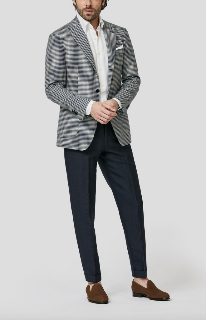 Loro Piana SUMMERTIME Navy & Ivory Merino Wool, Silk & Linen Houndstooth