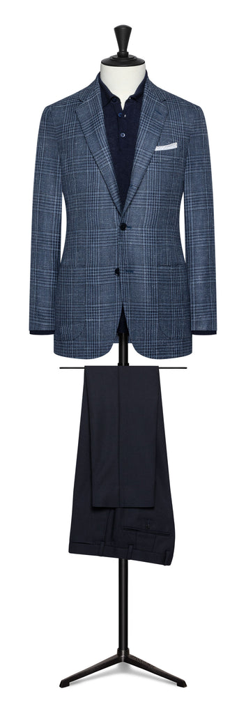 Loro Piana SUMMERTIME Slate Blue Wool, Silk & Linen with Navy Glencheck