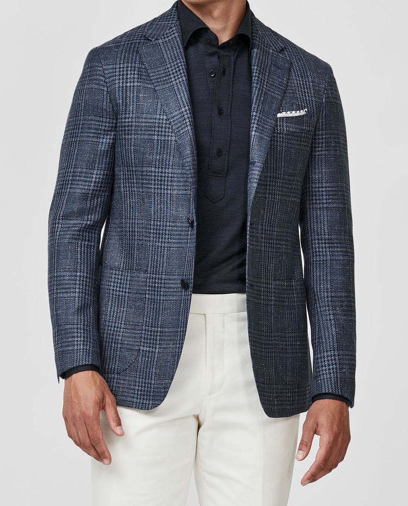 Loro Piana SUMMERTIME Slate Blue Wool, Silk & Linen with Navy Glencheck