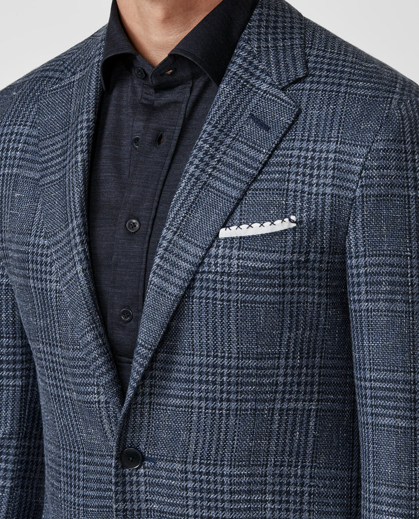 Loro Piana SUMMERTIME Slate Blue Wool, Silk & Linen with Navy Glencheck