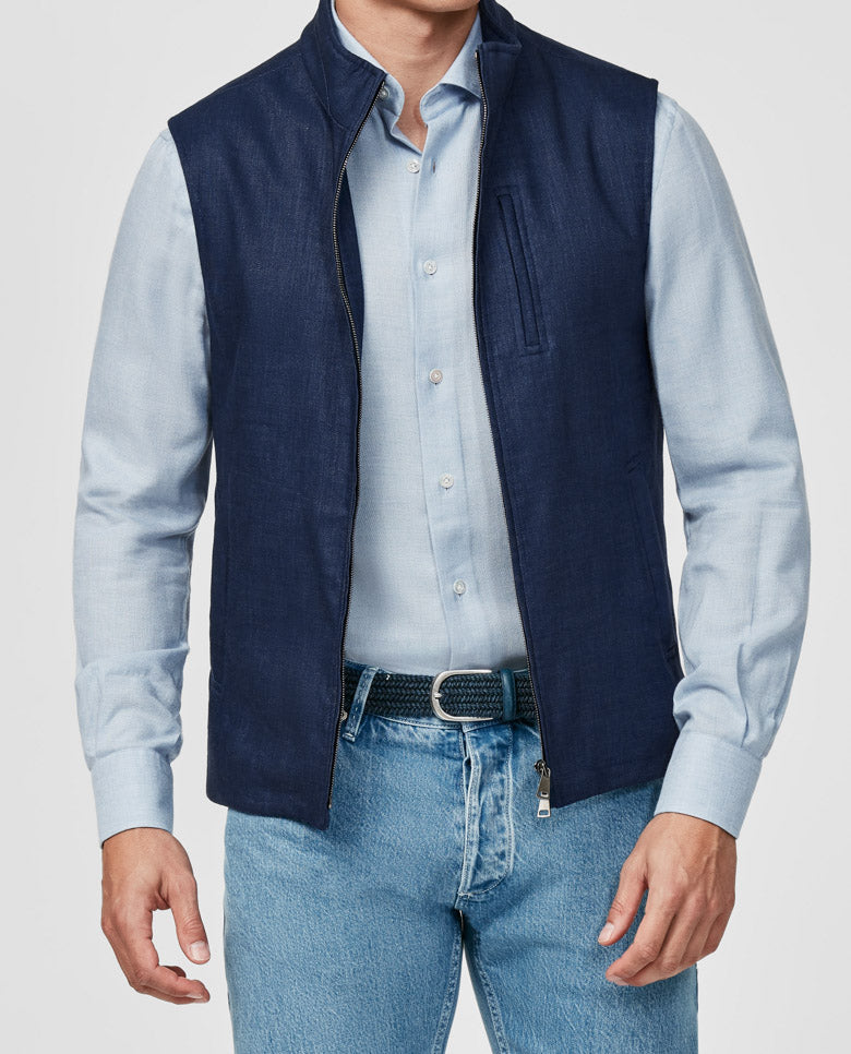 Zignone Indigo Stretch Wool Linen With Denim Look Vest / Bodywarmer