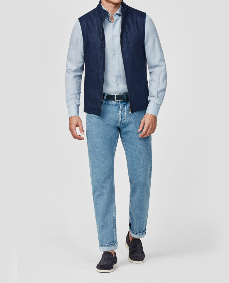 Zignone Indigo Stretch Wool Linen With Denim Look Vest / Bodywarmer