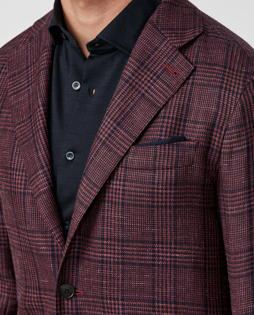Drago Burgundy Wool, Silk & Linen Glencheck with Black Overcheck