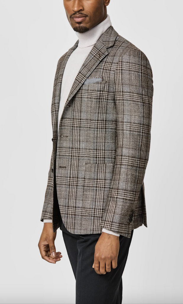 Loro Piana Silk Air Dark Brown Merino Wool, Silk & Cashmere Glencheck With Grey Windowpane