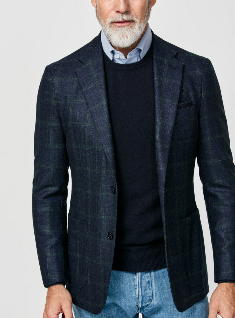 Loro Piana Silk Air Peacock Blue Merino Wool, Silk & Cashmere with Green Windowpane
