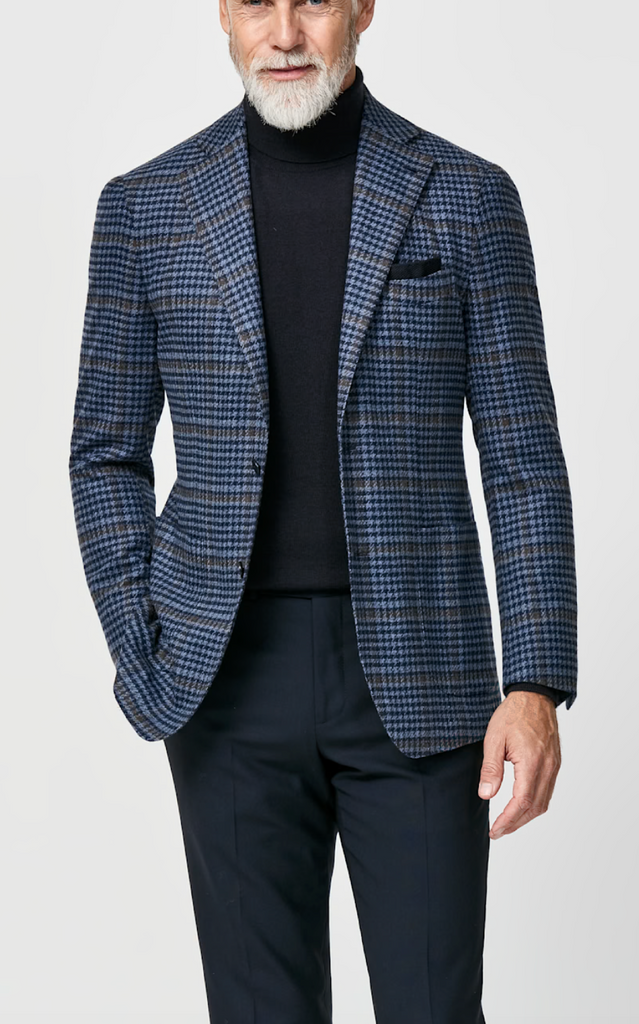Loro Piana Wish Two Blue S170 Merino Wool & Cashmere Houndstooth with Brown Overcheck