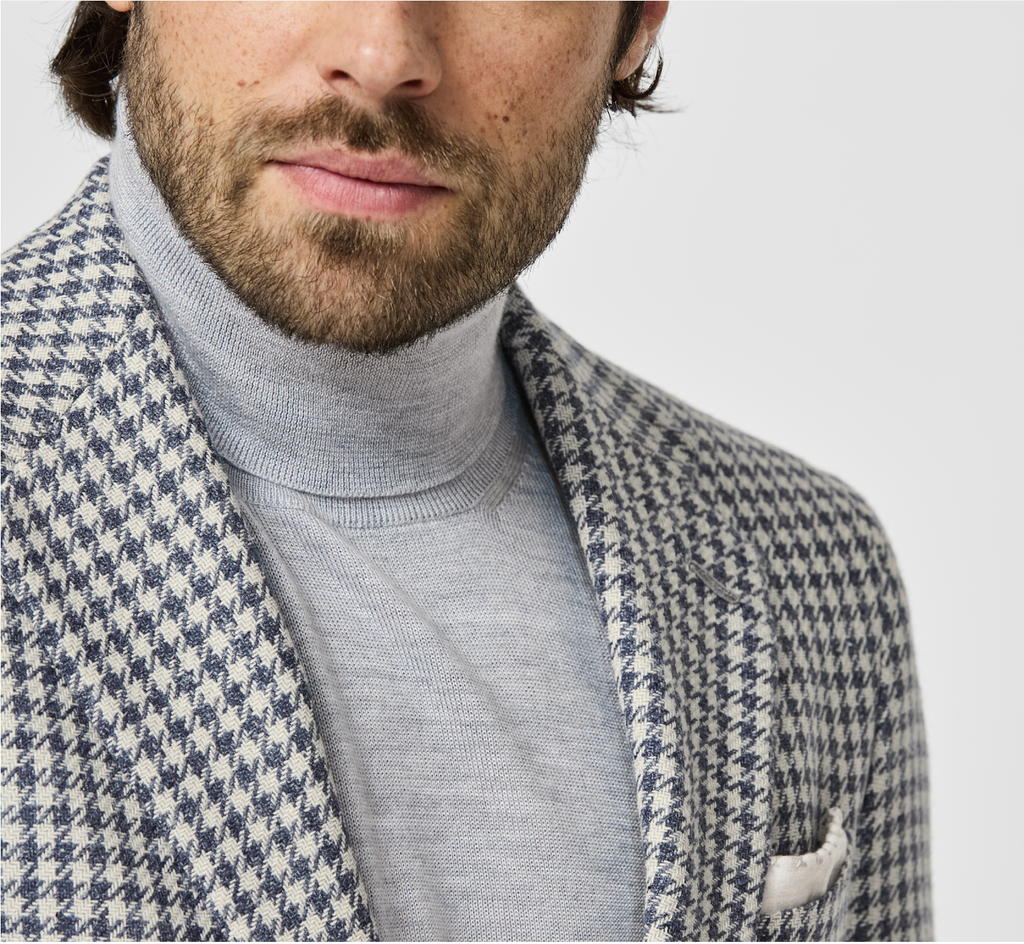 Ferla Dusty Blue & Off White Merino Wool, Baby Alpaca & Silk Houndstooth