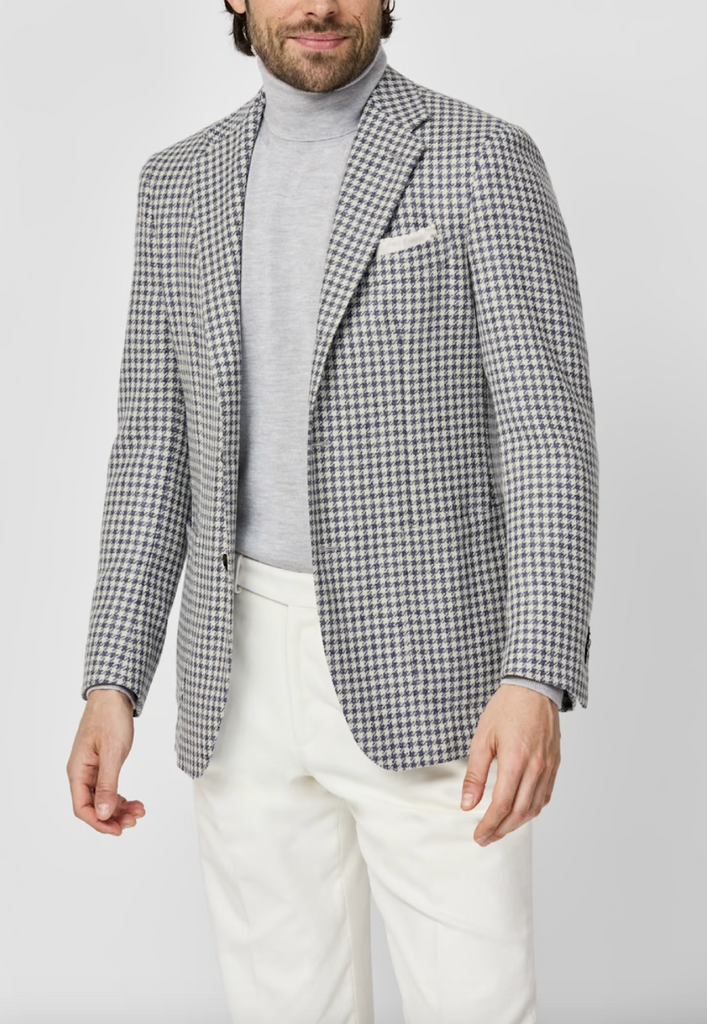 Ferla Dusty Blue & Off White Merino Wool, Baby Alpaca & Silk Houndstooth