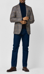 Loro Piana SILK AIR Navy Blue & Chestnut Brown Merino Wool, Silk & Cashmere Glencheck