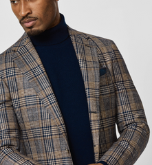 Loro Piana SILK AIR Navy Blue & Chestnut Brown Merino Wool, Silk & Cashmere Glencheck