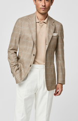 Loro Piana WISH Tan S170 Merino Wool & Cashmere Glencheck with Light Blue Overcheck