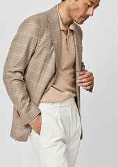 Loro Piana WISH Tan S170 Merino Wool & Cashmere Glencheck with Light Blue Overcheck