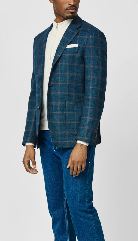 Loro Piana ZELANDER Aqua Blue Wool with Brown Windowpane