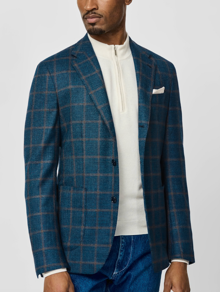 Loro Piana ZELANDER Aqua Blue Wool with Brown Windowpane