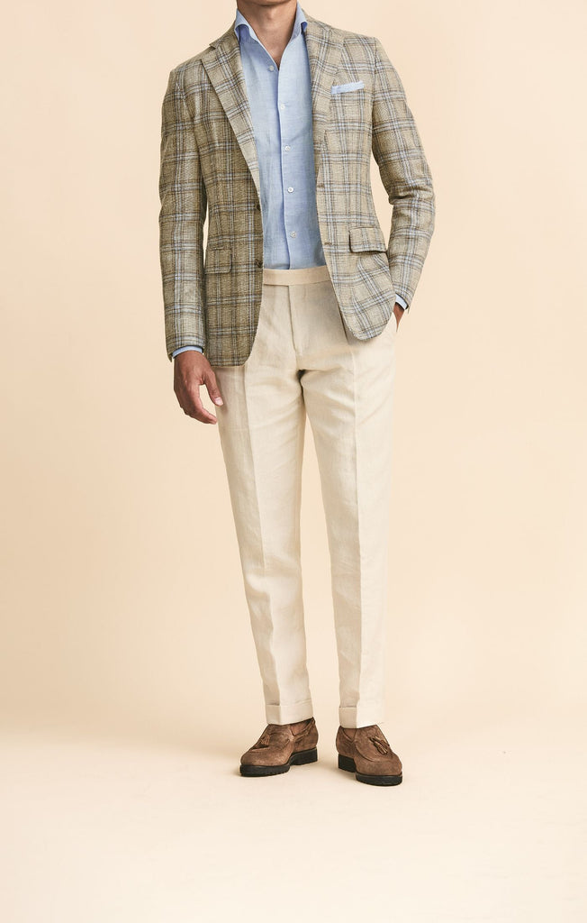 Fratelli Tallia di Delfino Taupe Wool, Silk & Linen Check With Light Blue Overcheck