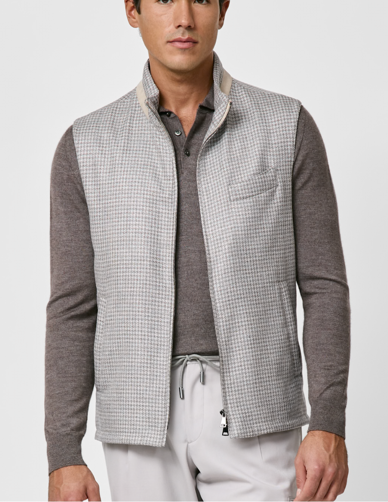 Loro Piana SUMMERTIME Light Grey & Taupe Wool, Silk & Linen Houndstooth Vest / Bodywarmer
