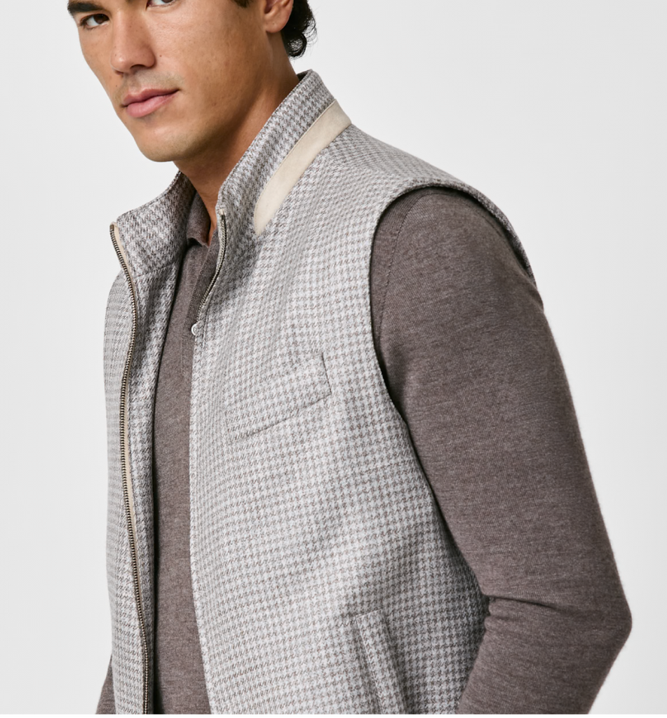 Loro Piana SUMMERTIME Light Grey & Taupe Wool, Silk & Linen Houndstooth Vest / Bodywarmer
