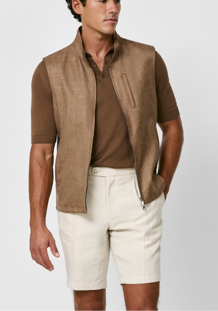Di Pray Caramel Wool, Silk & Linen Twill Vest / Bodywarmer
