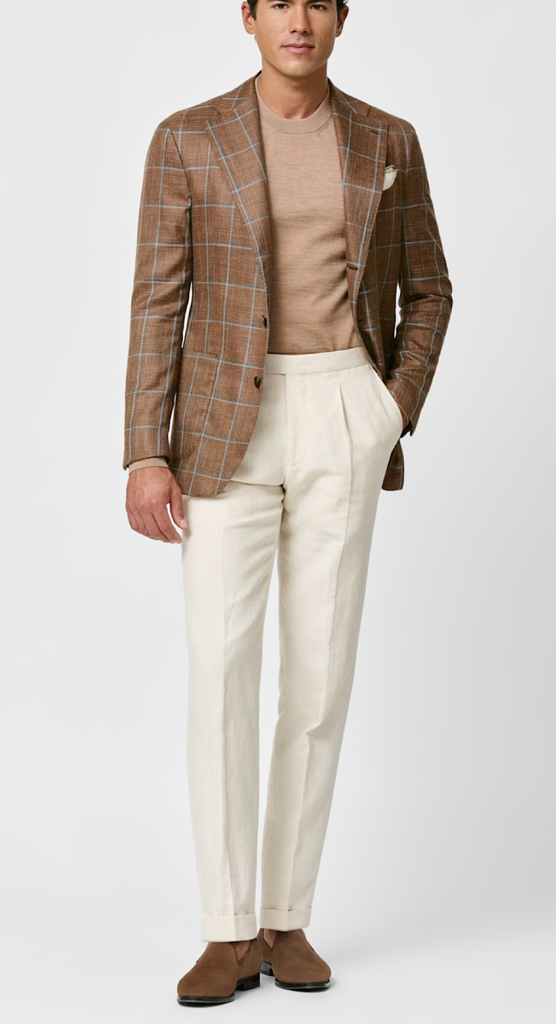 Loro Piana SUMMERTIME Chestnut Brown Merino Wool, Silk & Linen with Light Grey & Blue Windowpane