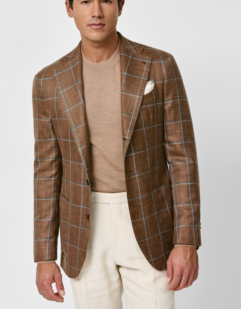Loro Piana SUMMERTIME Chestnut Brown Merino Wool, Silk & Linen with Light Grey & Blue Windowpane