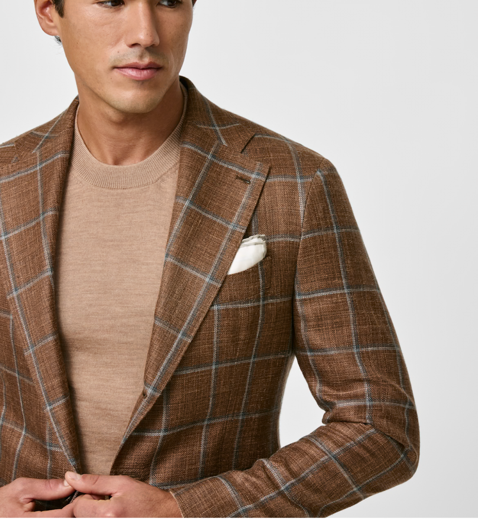 Loro Piana SUMMERTIME Chestnut Brown Merino Wool, Silk & Linen with Light Grey & Blue Windowpane