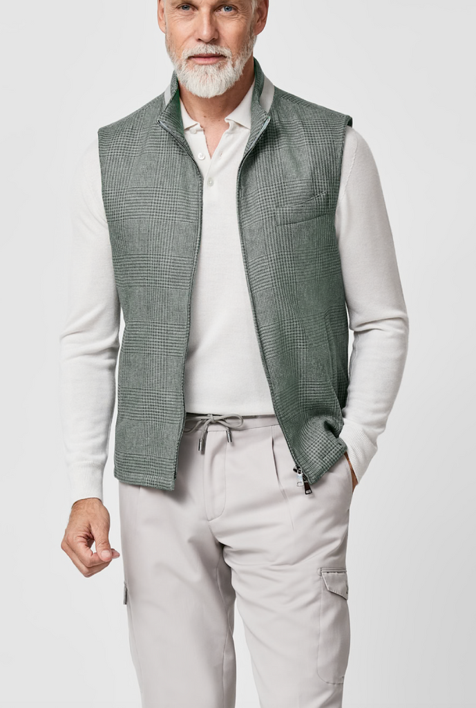 Di Pray Sage & Light Green Pure Silk Glencheck Vest / Bodywarmer