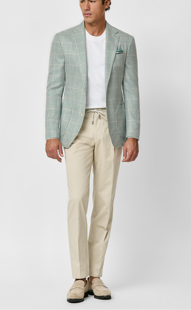 Drago Light Green & Ivory Wool, Silk & Linen Lightweight Houndstooth with Sand Windowpane