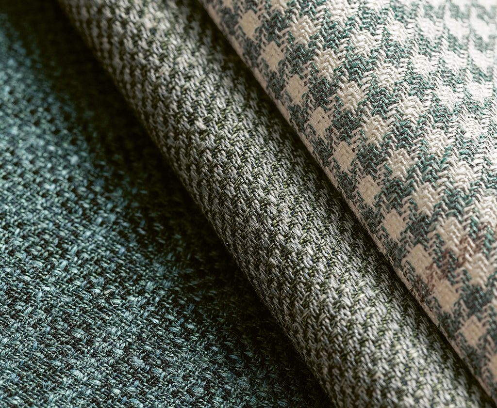 Drago Light Green & Ivory Wool, Silk & Linen Lightweight Houndstooth with Sand Windowpane
