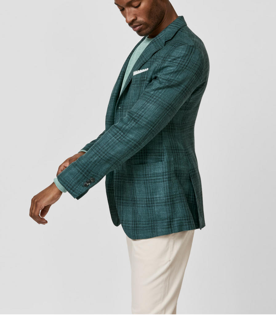 Drago Bottle Green Wool, Silk & Linen with Dark Green Overcheck