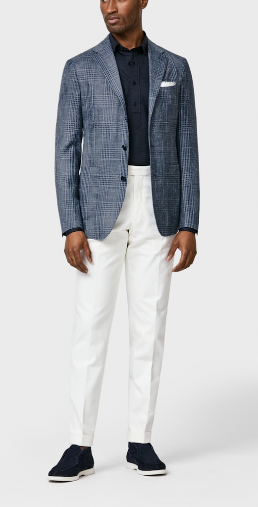 Loro Piana SUMMERTIME Slate Blue Wool, Silk & Linen with Navy Glencheck