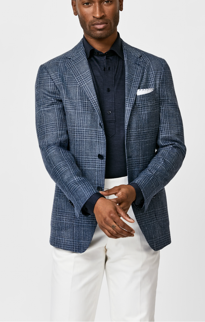 Loro Piana SUMMERTIME Slate Blue Wool, Silk & Linen with Navy Glencheck