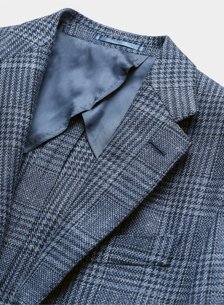 Loro Piana SUMMERTIME Slate Blue Wool, Silk & Linen with Navy Glencheck
