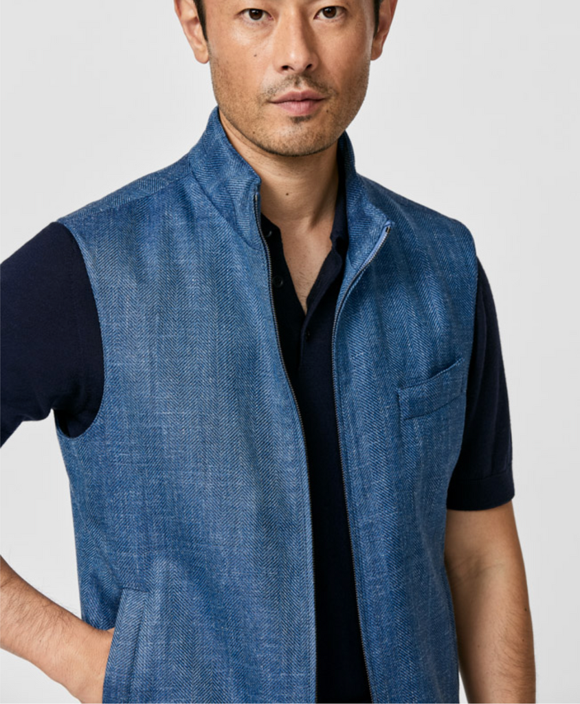 Di Pray Cobalt Wool, Silk & Linen Herringbone Vest / Bodywarmer